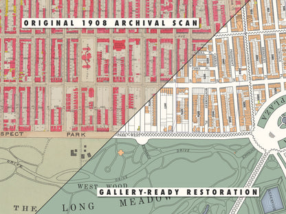 A split-screen visual demonstrating the digital repair of a historic 1908 Prospect Park cartography print. The upper left side shows the original document's discoloration and wear, whereas the lower right side reveals the restored artwork with brightened colors, legible text, and distinct green park boundaries.