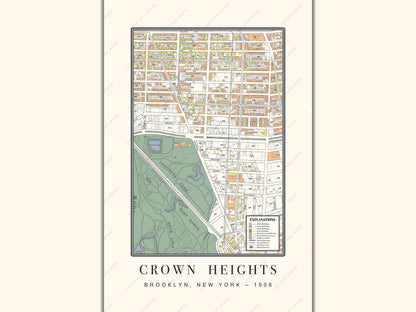 A 1908 heritage map print of the Crown Heights neighborhood in Kings County, New York. The digitally restored architectural survey features precise street layouts, the borders of Institute Park, and individual building footprints on a light cream background.