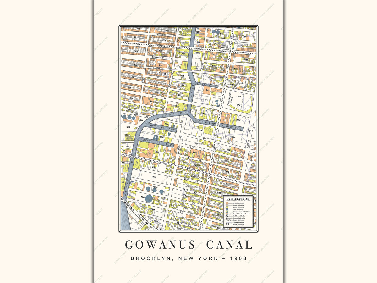 An archival 1908 map print of the Gowanus Canal area in Kings County, New York. The meticulously restored survey highlights the canal waterways, dense industrial street grids, and precise building footprints displayed on a warm cream base.