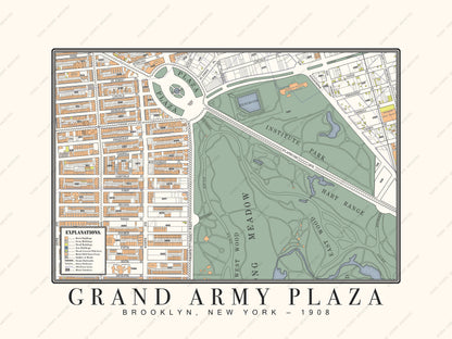 A historic 1908 map print focusing on Grand Army Plaza in Kings County, New York. The fully restored architectural survey clearly depicts the distinct plaza traffic circle, surrounding park grounds, and nearby street grids on a warm cream background.