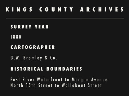 A dark specification card outlining details for the complete 1880 Williamsburg map by Kings County Archives. It lists G.W. Bromley & Co. as the cartographer and defines the historical boundaries as East River Waterfront to Morgan Avenue and North 15th Street to Wallabout Street.