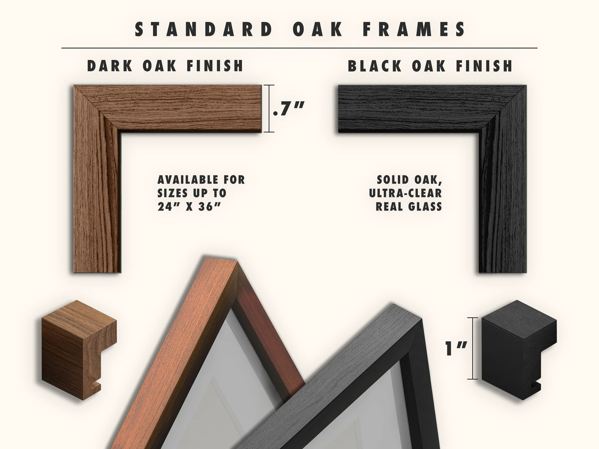 Reference image of standard oak framing choices, displaying wood-grain Dark Oak and Black Oak corner profiles. The diagram maps out structural dimensions of a 0.7-inch face and 1-inch depth, indicating these solid oak frames come equipped with ultra-clear real glass for prints measuring up to 24 by 36 inches.