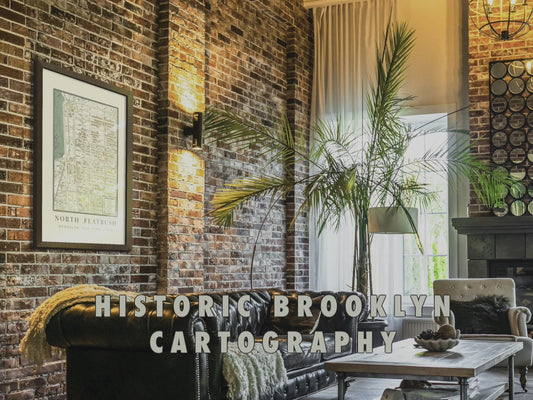 Framed 1908 North Flatbush Brooklyn vintage map displayed as oversized wall art in a modern apartment, showcasing digitally restored cartography details, archival pigment ink clarity, and fine-art cotton paper texture.