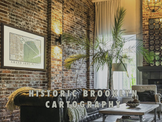 Framed 1908 Grand Army Plaza, Prospect Park Brooklyn vintage map displayed as oversized wall art in a modern apartment, showcasing digitally restored cartography details, archival pigment ink clarity, and fine-art cotton paper texture.
