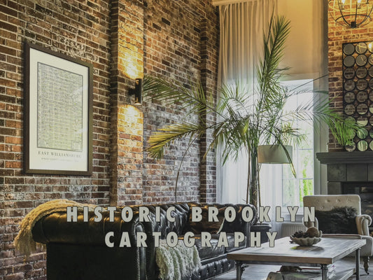 Framed 1880 East Williamsburg, Bushwick Brooklyn vintage map displayed as oversized wall art in a modern loft, showcasing digitally restored cartography details, archival pigment ink clarity, and fine-art cotton paper texture.