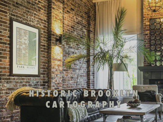 Framed 1908 Park Slope Brooklyn vintage map displayed as oversized wall art in a modern apartment, showcasing digitally restored cartography details, archival pigment ink clarity, and fine-art cotton paper texture.