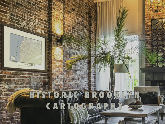 Framed 1880 Williamsburg vintage map displayed as oversized wall art in a modern loft, showcasing digitally restored cartography details, archival pigment ink clarity, and fine-art cotton paper texture.