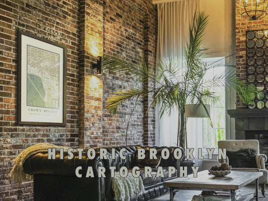Framed 1908 Crown Heights Brooklyn vintage map displayed as oversized wall art in a modern apartment, showcasing digitally restored cartography details, archival pigment ink clarity, and fine-art cotton paper texture.