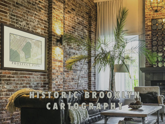 Framed 1880 Prospect Park, Bushwick Brooklyn vintage map displayed as oversized wall art in a modern loft, showcasing digitally restored cartography details, archival pigment ink clarity, and fine-art cotton paper texture.