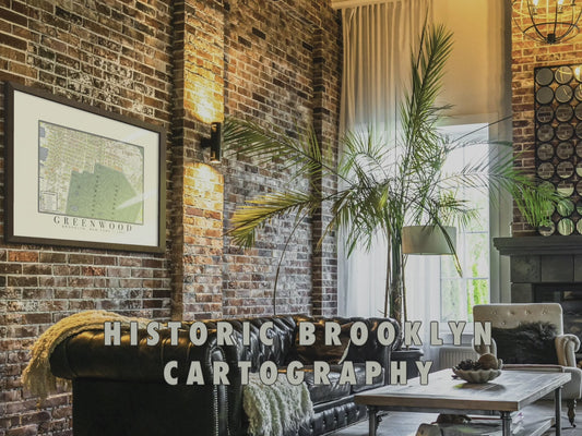 Framed 1908 Green-Wood Cemetery & South Slope, Brooklyn vintage map displayed as oversized wall art in a modern apartment, showcasing digitally restored cartography details, archival pigment ink clarity, and fine-art cotton paper texture.