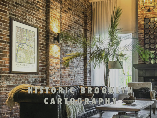 Framed 1908 Gowanus Canal Brooklyn vintage map displayed as oversized wall art in a modern apartment, showcasing digitally restored cartography details, archival pigment ink clarity, and fine-art cotton paper texture.